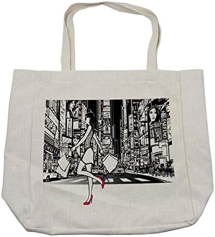 Црно-бела торба за шопинг на Амбесон, девојче шопинг во Тајмс Сквер Newујорк во ноќна градска пејзана урбана скица, еколошка торба