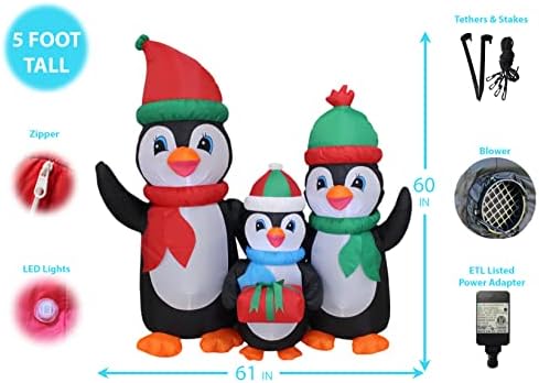 Два божиќни украси за украси, вклучуваат 5 стапки осветлени Божиќни надуени пингвини семејство со кутија за подароци, и ирваси