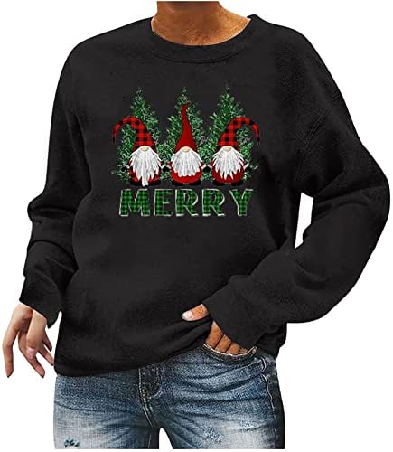 Среќни Божиќни џемпери за жени графички пуловер за новогодишни екипи симпатични божиќни кошули со врвови на врвови