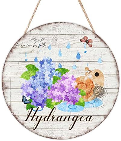Mesllings Hydrangea дрво знак на вратата Печат Рустикален wallид виси знак Плакета 18 x 18 Прилагодена тркалезна врата за закачалка