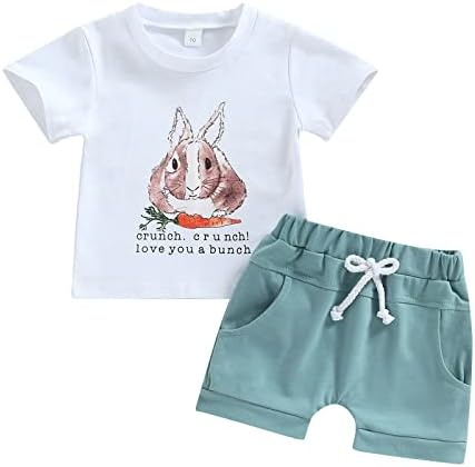 Новороденче бебе момче Велигденска облека за зајаче печати кратки ракави маица Топ шорцеви поставени 2 парчиња летна облека за новороденчиња