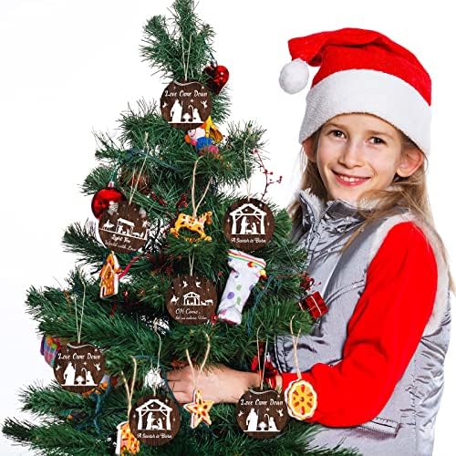 24 компјутери Божиќни чипови од дрво Божиќни тркалезни дрвени украси за природноста Сцена дрво парче Божиќно дрво виси украси дрвја