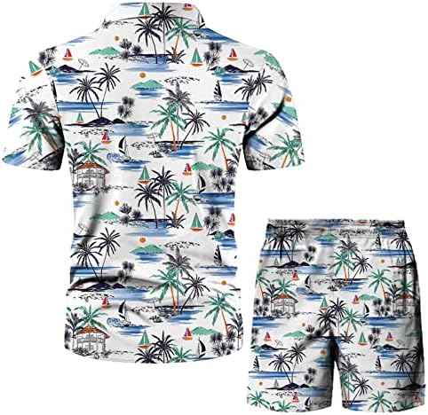 Менс лето 2 парчиња сет на кратки кошули со кратки кошули сет за печатено копче на плажа голема и висока костумска елек за