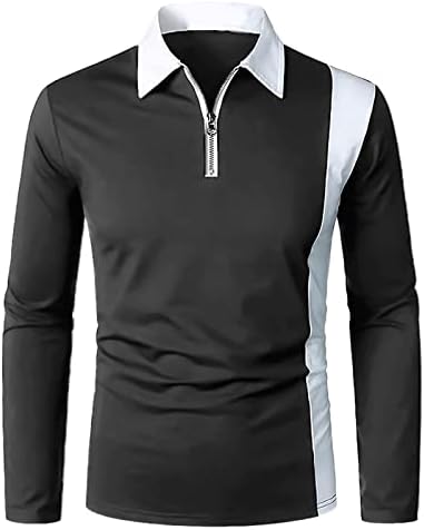 XXBR машки патент Поло кошули со долги ракави поштенски патент во боја на вратот блок крпеница лаптолна јака голф врвови случајна