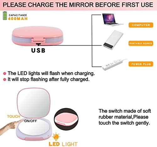 Компактен LED огледало на Бериуп за шминка за тавели, двострана магнегификација 1x/10x, осветлена осветленост, затемнета, прием на рачно преносно