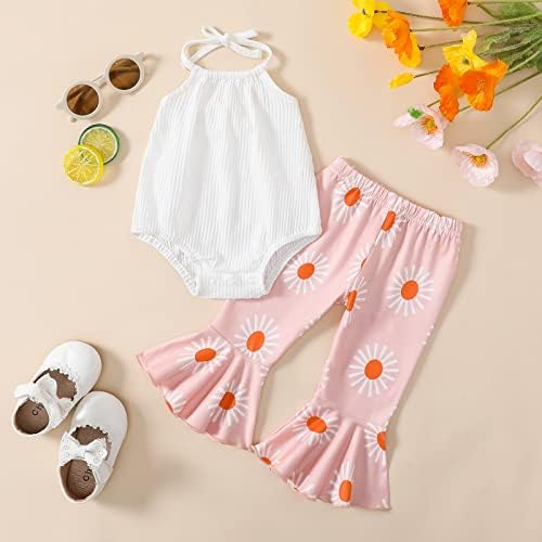 АДКСУН новородено девојче лето облека ребрести ромпер+шарени/цветни/крави разгорени панталони за новороденчиња 0-18 месеци