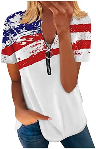 ПТЈКУ Женска Четвртина Патент Пуловер Обични Блузи Со Кратки Ракави Кошули За Летниот Ден На Независноста Лабави Модни Туники