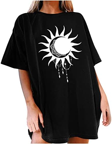 Преголема маица y2k за жени Сонце Месечина Печатено гроздобер кратки ракави врвови капка рамо на екипажот лето лето плус големина тети