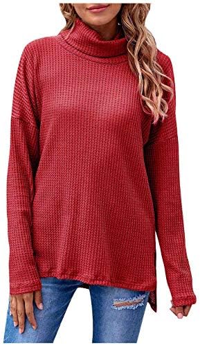 Женски женски џемпер обичен вафл плетен долг ракав страничен отпадоци џемпери џемпери со врвови на цврста боја на врвови на врвови во боја