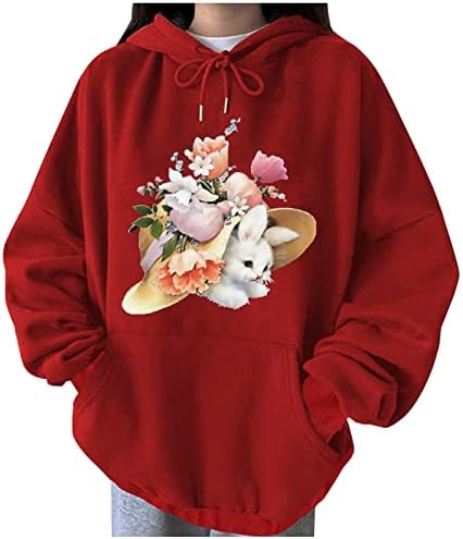 Симпатична зајаче и цветен качулка пуловер за жени зајак Среќна Нова Година Преголеми дуксери за џемпери долги ракави кошули