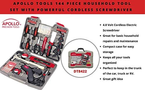 Алатки за алатки Аполо 144 парчиња алатка за домаќинство поставено со удобен безжичен шрафцигер и најкористени алатки во цврсто носење
