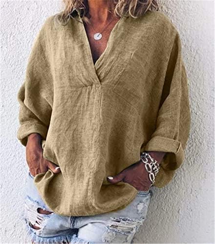 Mirtенска маица со маица со V-вратот на Андонгивел Обични врвови со долги ракави, лабави кошули, пулвер блуза Туника кошула