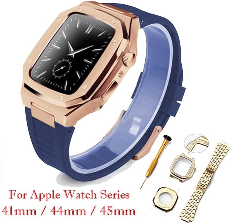 КОМПЛЕТ За Модификација На Ремени ОД Нерѓосувачки Челик CNHKAU за Apple Watch Band 8 7 41mm 45mm Силиконски Ремен + Метална кутија за Iwatch Серија 6 SE 44mm