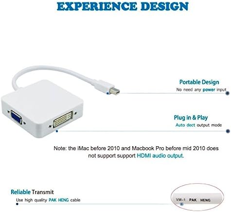 [3 во 1 Mini DP кабел] FlatFin Mini Display Port Thunderbolt до DVI VGA HDMI Mac адаптер за MacBook, MacBook Pro, MacBook Air, Surface Pro,