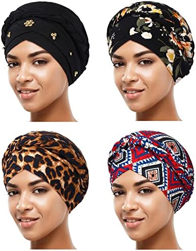 4 парчиња африкански жени со турбан капаче со брадавици на главата на главата, искривена обвивка за плетенка