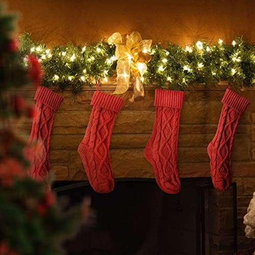 4 парчиња Божиќни чорапи црвени виси големи плетени Божиќни подароци Семеен празник декорација