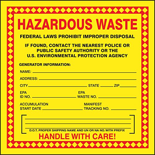 Accuform MHZW20EVL лепило-поли-опасен отпад етикета, легенда „опасен отпад“, дебелина од 2,6 милји, винил, 6 x 6, црвена/црна на жолта боја