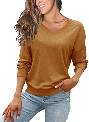 Fmeyoa женски v вратот џемпери со долги ракави со лесен трендовски есен пролет основни кошули врвови каки