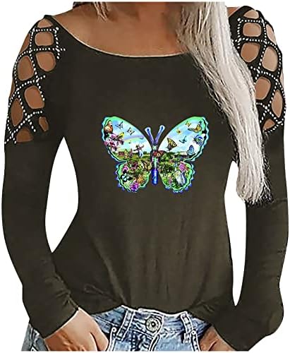 Femaleенско ладно рамо 2023 година со памук со долг ракав, графички гроздобер салон блуза маица есен лето врвот за девојчиња 66