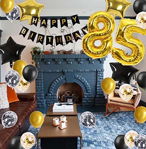 85 -ти роденденски украси Црно злато за мажи, 85 -ти роденденски транспаренти број 85 роденденски балони starвездени фолии конфети