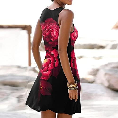 Требински фустани за жени случајни летни цветни печатени резервоари без ракави фустан, шуплив надвор од лабава плажа Кратка мини