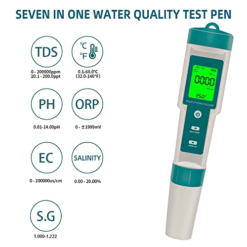 Тест за квалитет на дигитална вода за дигитален вода, 7 на 1 TDS метар со EC/pH/температура/S.G/ORP/тест за соленост за мониторинг на