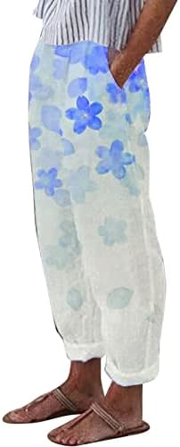 Zdferенски летен цветен принт на летни цвеќиња обични лабави памучни постелнини панталони еластични панталони со панталони со