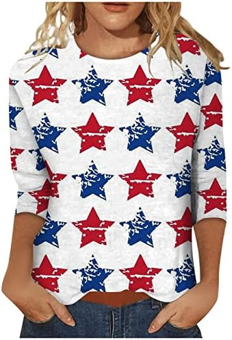 Кошула со американско Знаме Летни Врвови За Жени 2023 Женски Тркалезен Врат 3/4 Ракав Обична Цветна Блуза За Печатење