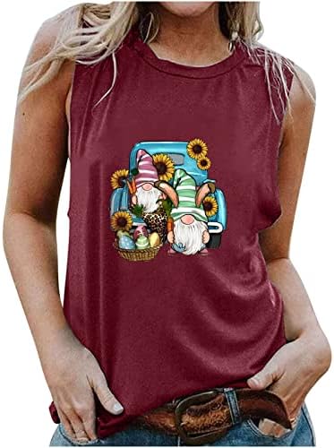 Велигденски резервоар врвови за жени обична летна блуза без ракави, симпатична сончоглед Gnome графички маички за одмор