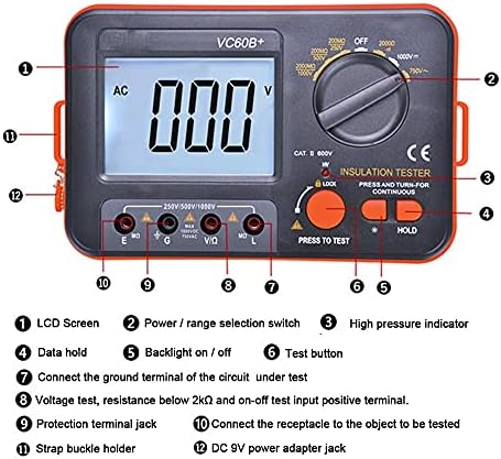 Feer VC60B+ Тестер за отпорност на дигитална изолација LCD 1000V мегерска изолација 0-2000m Озм на високиот напон Аларм за кратки спојки