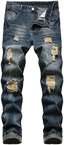 Менски искинати фармерки, потресени уништени тенок фит директни тексас пантолони со дупки улични панталони
