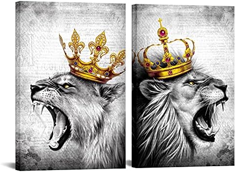Duobaorom 2 парчиња поставени лавови кралски wallидни уметности лавови и лавови со круна сиво и златно животно романтични уметнички