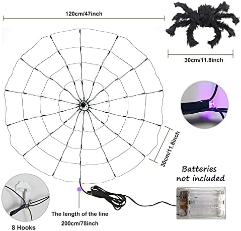 Ноќта на вештерките пајаци Веб -светла 70 LED со 12 инчи црн пајак, осветлен плашлив виолетова пајак мрежа 3,93 стапки со дијаметар
