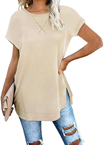 Женски туники врвови модни кратки ракави тенок фит о-врат-сплит маица маица празнична лежерна миди маичка пуловер
