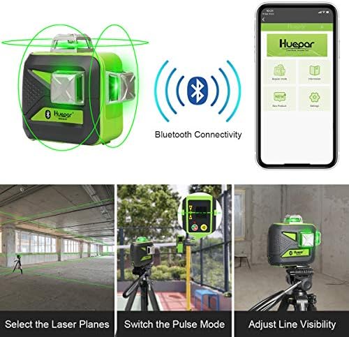 Huepar 3 x 360 зелено зрак 3D ласерско ниво со Bluetooth конекција со три-рамнини само-нивоа и усогласување на ласерско ниво на ласерско ниво-еден