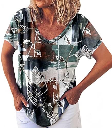 Тинејџерски девојки есен лето длабоко V вратот блуза со кратки ракави, памучна графичка лежерна кошула за блуза за жени wd wd