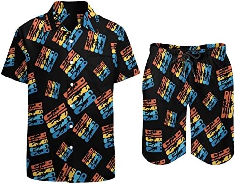 Ретро 1970-тите диско мажите 2 парчиња хавајски сет копче-долу кошули со кратки ракави, панталони за плажа лабави вклопени манжетни