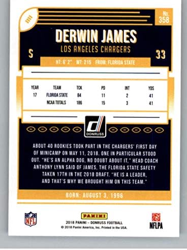 2018 година Фудбал Донус #358 Дервин Jamesејмс РЦ Дебитант картичка Лос Анџелес Полначи Дебитант Официјална картичка за трговија со НФЛ