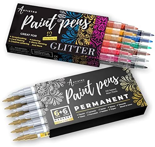 Artistro 12 сјајни пенкала за екстра-фини врски и 12 маркери за бои базирани на нафта, пакет за сликање на карпи, ткаенина, дрво, стакло,