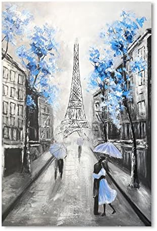 Ypy Апстракт Париз платно Wallидна уметност: Црна бела Ајфелова кула слика за декор за дневна соба, сина сива рака насликана текстурирана