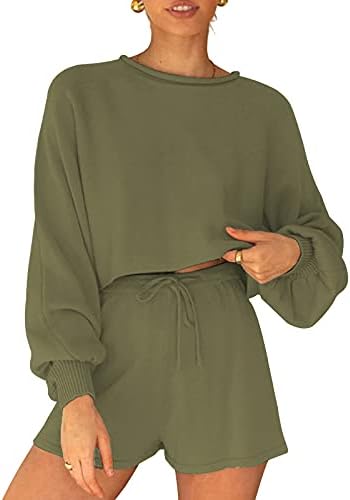 Jninthенски женски 2 парчиња плетени облеки цврсти пулвер џемпер џемпер од ракав на ракави на врвот на културата и шорцеви