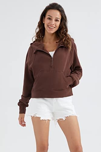 Оролеј женски исечен џемпер со полу-зип со долги ракави со долги ракави, обични лабави врвови со предниот џеб