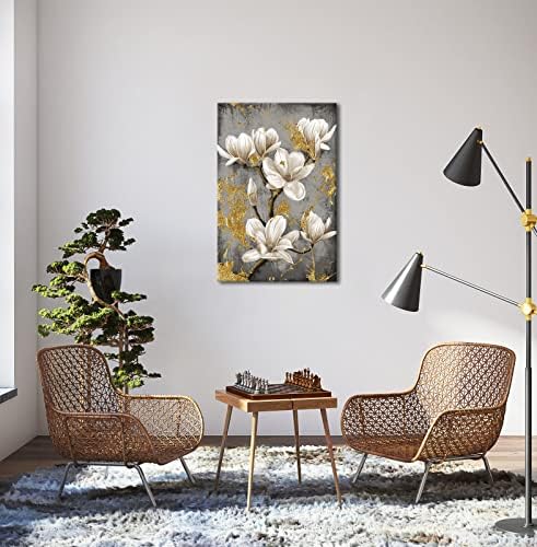 Фушвер бело магнолија платно сликање цвеќиња со златен дизајн wallиден уметност слика голема елегантна цветна печатена уметност за модерна