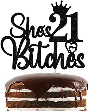 Таа има 21 кучки торта за торта, 21 -ви роденденски украси на девојчињата црна сјај, бај -бај лажен лик, смешни среќни 21 -ви роденденски