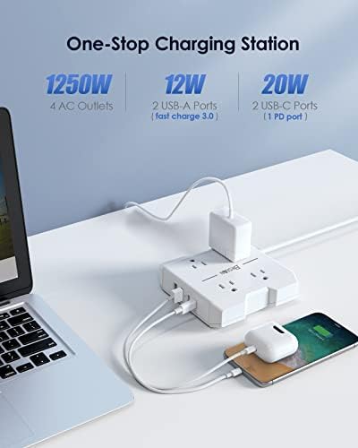 Бесфан мала лента за напојување со USB C, лента за напојување со електрична енергија со 4 продажни места, 2 USB-A 3.0 & 2 USB-C, рамен продолжен