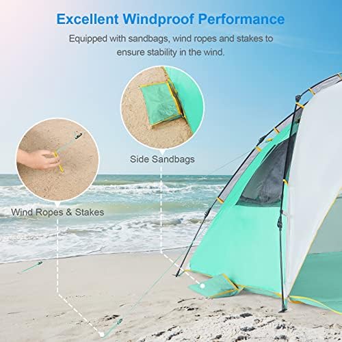 Волквиј 4-5 лице лесен на плажа шатор UPF 50+ преносен инстант сонце засолниште за засолниште на крошна чадор со продолжен патент тремот, зелена нане