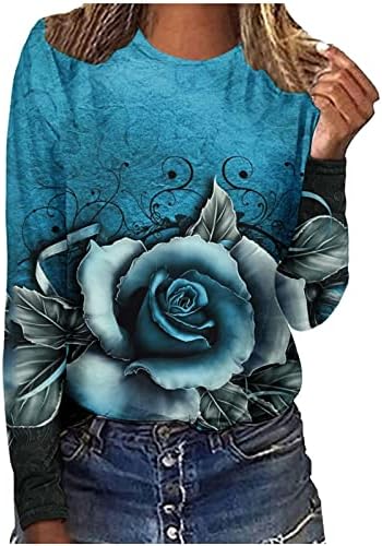 Mrgiinri 2023 Модна маичка за женски гроздобер цветни печати блуза со екипаж, обичен долг ракав, лабав вклопни врвови на пулвер, врвови