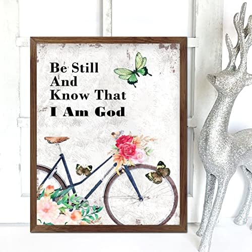 Бидете мирни и знајте дека сум бог врамен дрвен знак пролетна пеперутка велосипед корпа цветна уметност знаци фарма куќа француска