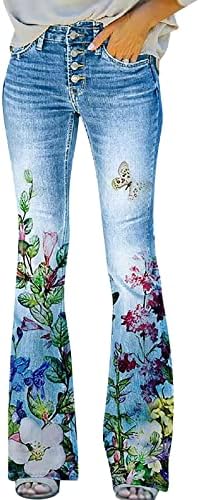 Масбирд фармерки за жени разгори широки нозе печати за печатење облечени панталони со цвеќиња од цветници за тексас