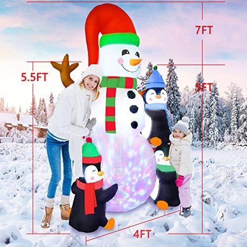 7ft Божиќ Снежен човек надувување- FastDeng Надувување на Божиќни дворци со пингвин, водоотпорен вграден шарен проектор ротирачки